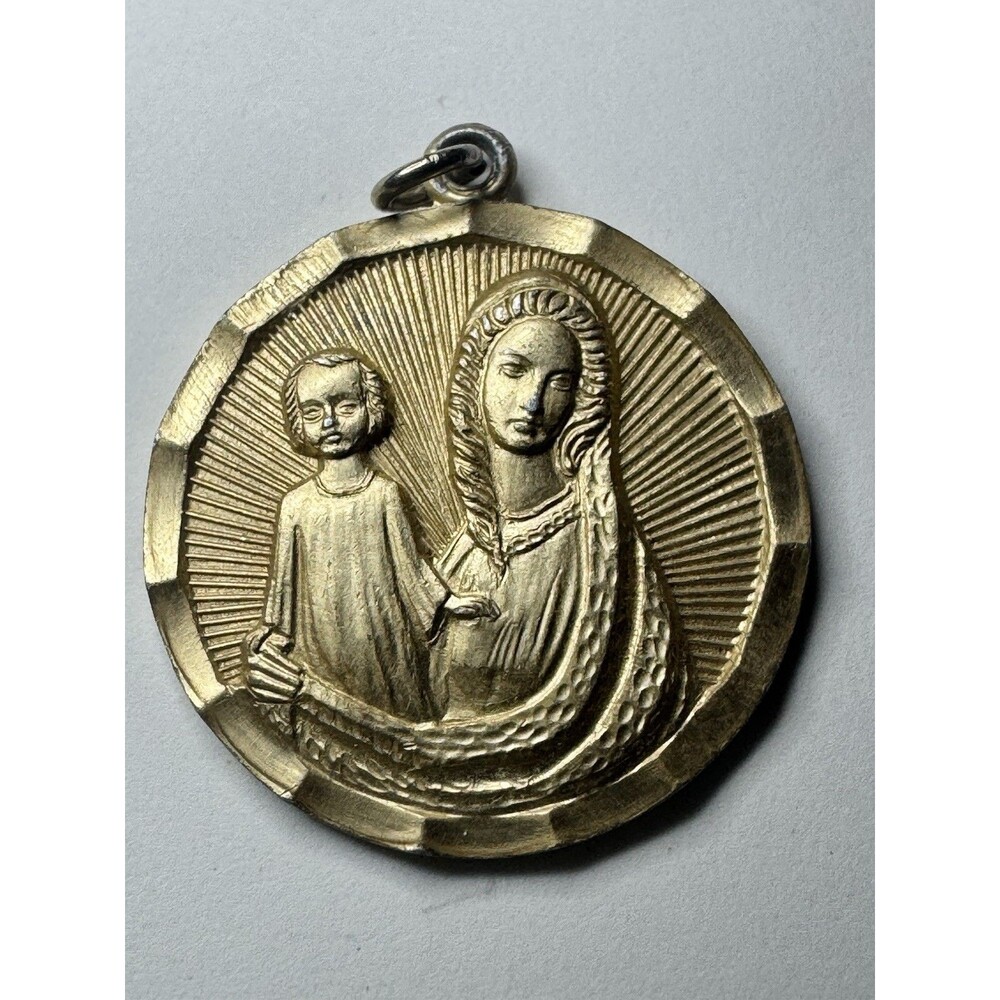 Vintage 1960s Germany Madonna Child Catholic Medal Gold Tone Pendant 1”